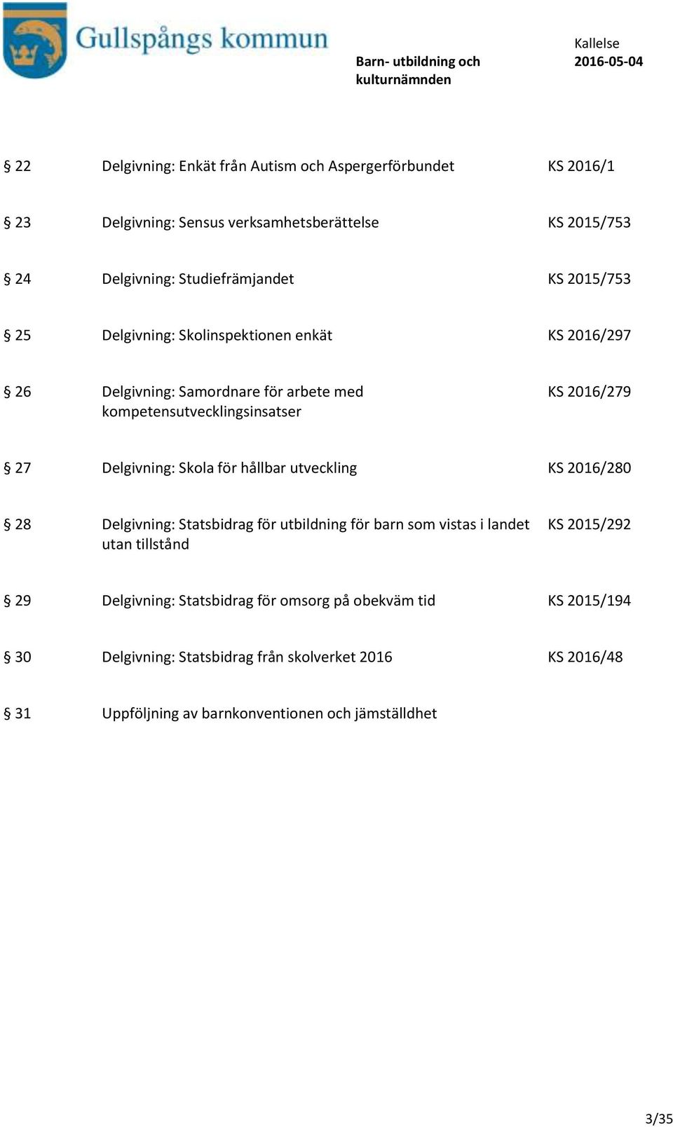 Skola för hållbar utveckling KS 2016/280 28 Delgivning: Statsbidrag för utbildning för barn som vistas i landet utan tillstånd KS 2015/292 29 Delgivning: