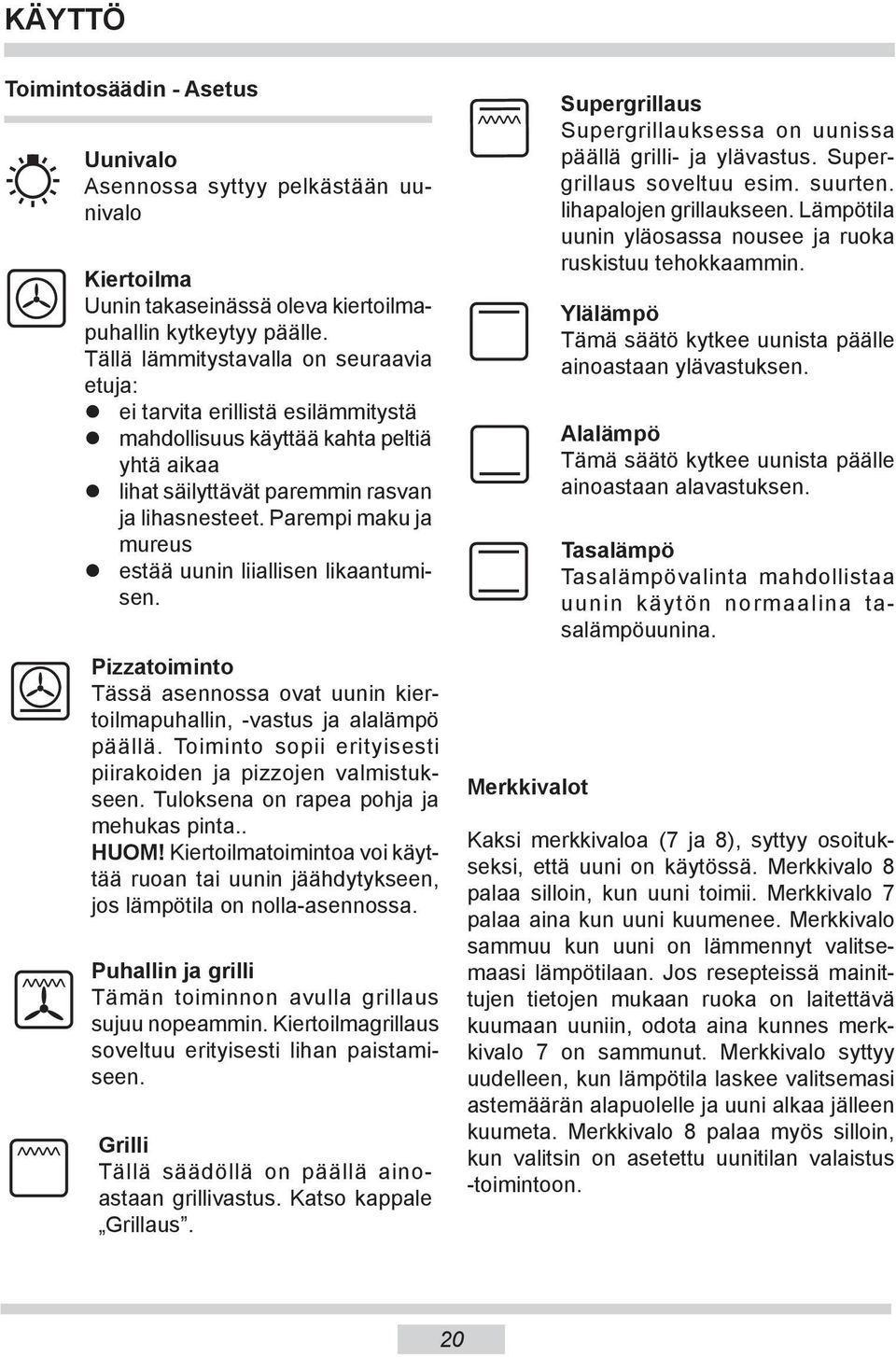 Parempi maku ja mureus estää uunin liiallisen likaantumisen. Pizzatoiminto Tässä asennossa ovat uunin kiertoil mapuhallin, -vastus ja alalämpö päällä.