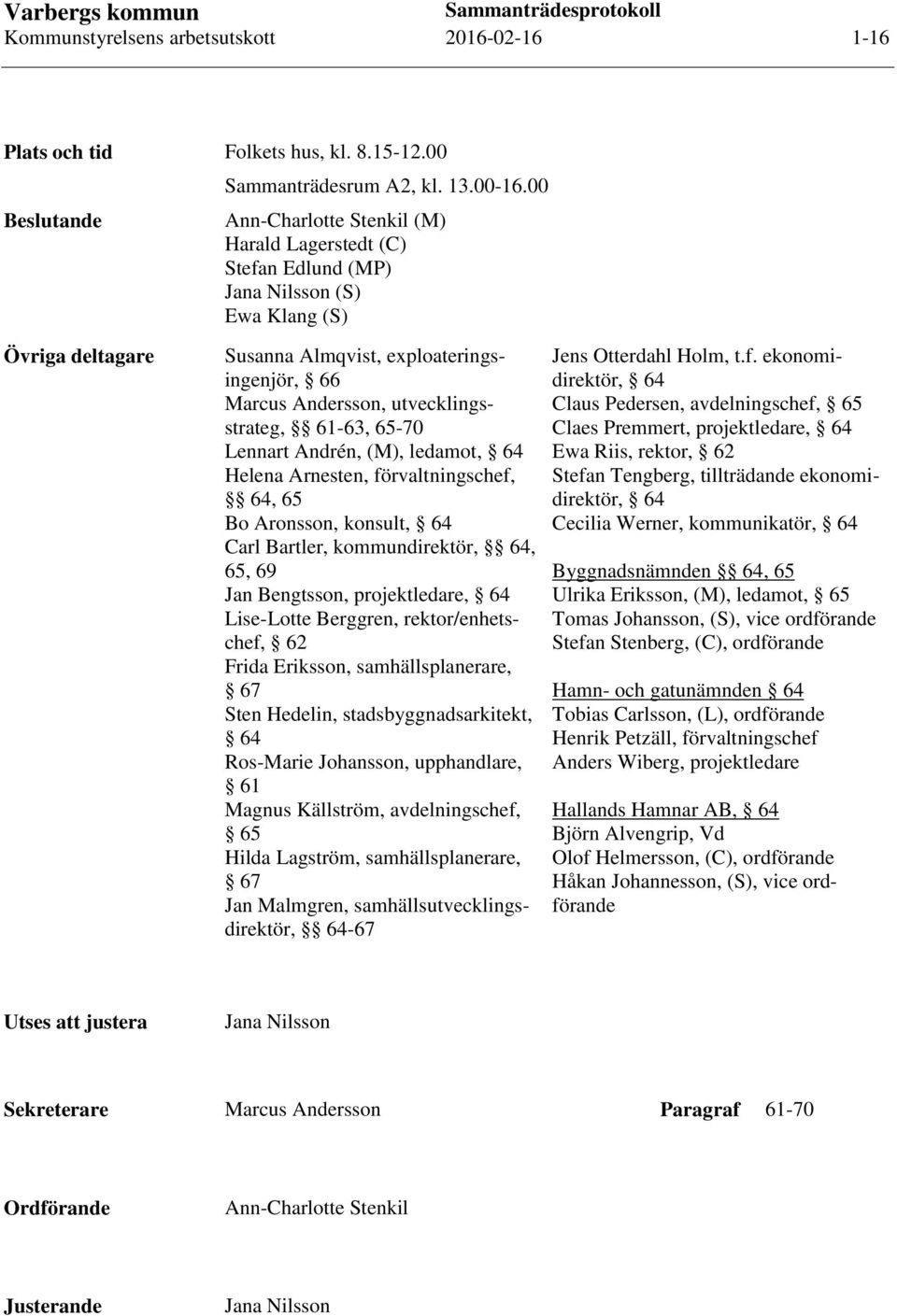 61-63, 65-70 Lennart Andrén, (M), ledamot, 64 Helena Arnesten, förvaltningschef, 64, 65 Bo Aronsson, konsult, 64 Carl Bartler, kommundirektör, 64, 65, 69 Jan Bengtsson, projektledare, 64 Lise-Lotte