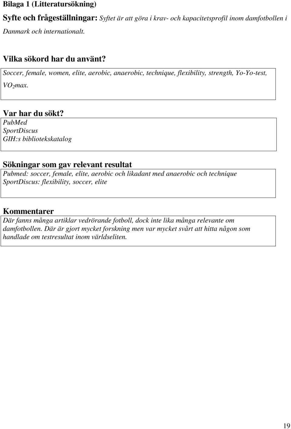 PubMed SportDiscus GIH:s bibliotekskatalog Sökningar som gav relevant resultat Pubmed: soccer, female, elite, aerobic och likadant med anaerobic och technique SportDiscus: