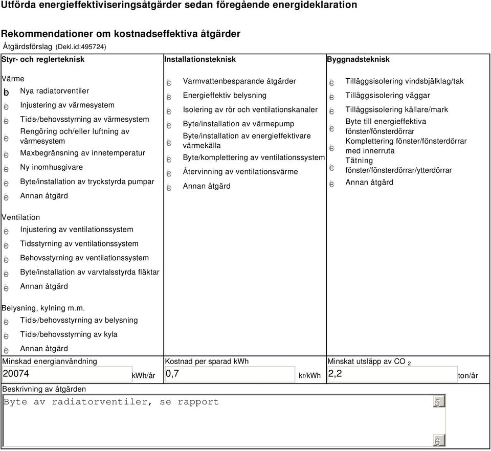 värmesystem Maxbegränsning av innetemperatur Ny inomhusgivare Byte/installation av tryckstyrda pumpar Varmvattenbesparande åtgärder Energieffektiv belysning Isolering av rör och ventilationskanaler