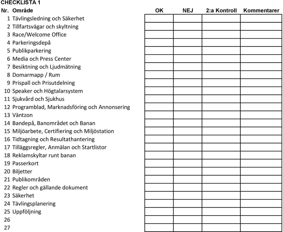 Center 7 Besiktning och Ljudmätning 8 Domarmapp / Rum 9 Prispall och Prisutdelning 10 Speaker och Högtalarsystem 11 Sjukvård och Sjukhus 12 Programblad, Marknadsföring och