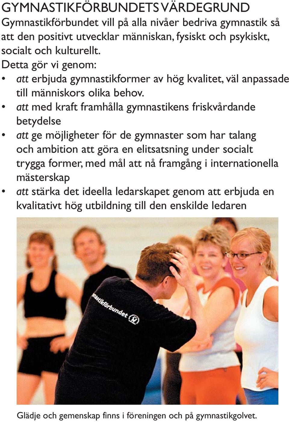 att med kraft framhålla gymnastikens friskvårdande betydelse att ge möjligheter för de gymnaster som har talang och ambition att göra en elitsatsning under socialt trygga