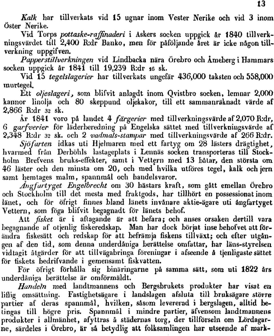 Papperstillverkningen vid Lindbacka nära Örebro och Åmeberg i Hammars socken uppgick år 1841 till 19,239 R:dr 16 sk.