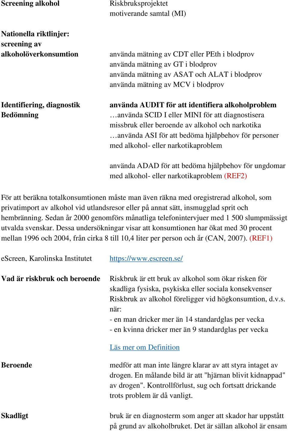 diagnostisera missbruk eller beroende av alkohol och narkotika använda ASI för att bedöma hjälpbehov för personer med alkohol- eller narkotikaproblem använda ADAD för att bedöma hjälpbehov för