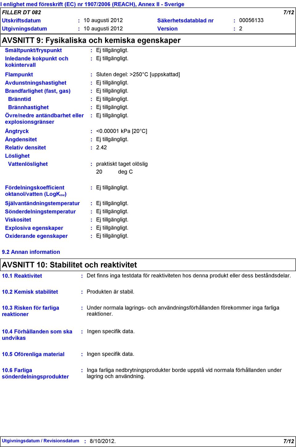 Vattenlöslighet Sluten degel >250 C [uppskattad] <0.00001 kpa [20 C] 2.