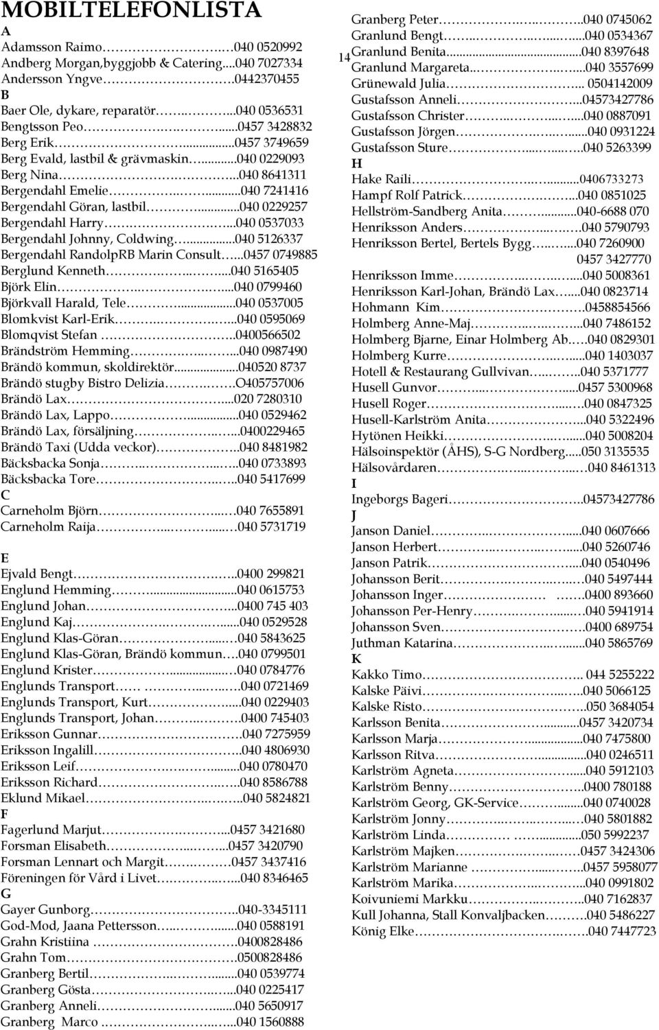 ..040 0229257 Bergendahl Harry.....040 0537033 Bergendahl Johnny, Coldwing...040 5126337 Bergendahl RandolpRB Marin Consult...0457 0749885 Berglund Kenneth......040 5165405 Björk Elin.