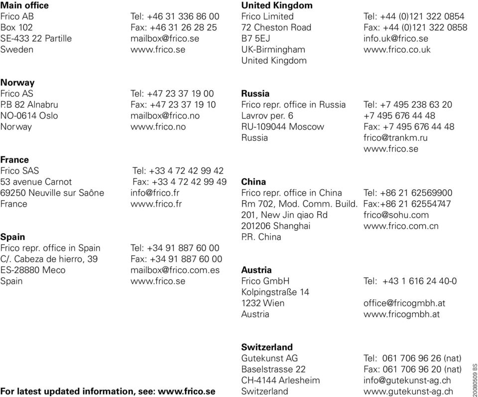 fr France www.frico.fr Spain Frico repr. office in Spain Tel: +34 91 887 60 00 C/. Cabeza de hierro, 39 Fax: +34 91 887 60 00 ES-28880 Meco mailbox@frico.com.es Spain www.frico.se United Kingdom Frico Limited Tel: +44 (0)121 322 0854 72 Cheston Road Fax: +44 (0)121 322 0858 B7 5EJ info.