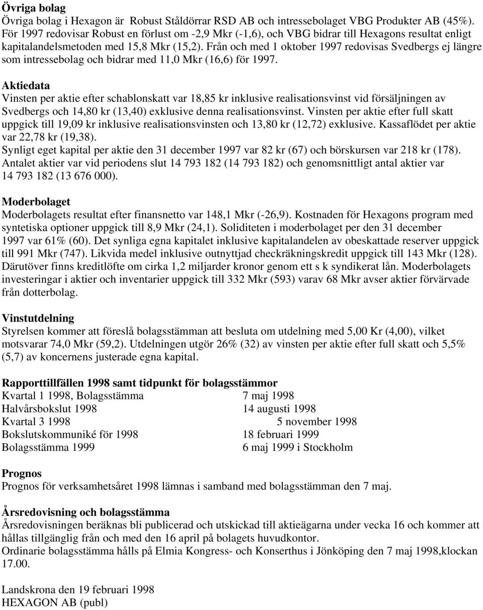 Från och med 1 oktober 1997 redovisas Svedbergs ej längre som intressebolag och bidrar med 11,0 Mkr (16,6) för 1997.