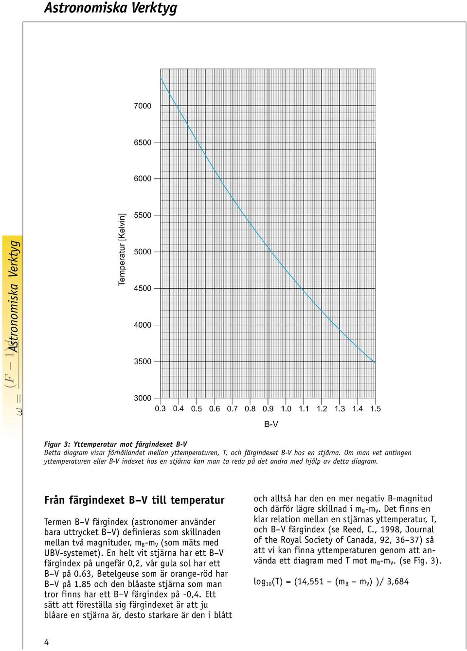 Från färgindexet B V till temperatur Termen B V färgindex (astronomer använder bara uttrycket B V) definieras som skillnaden mellan två magnituder, mb-mv (som mäts med UBV-systemet).