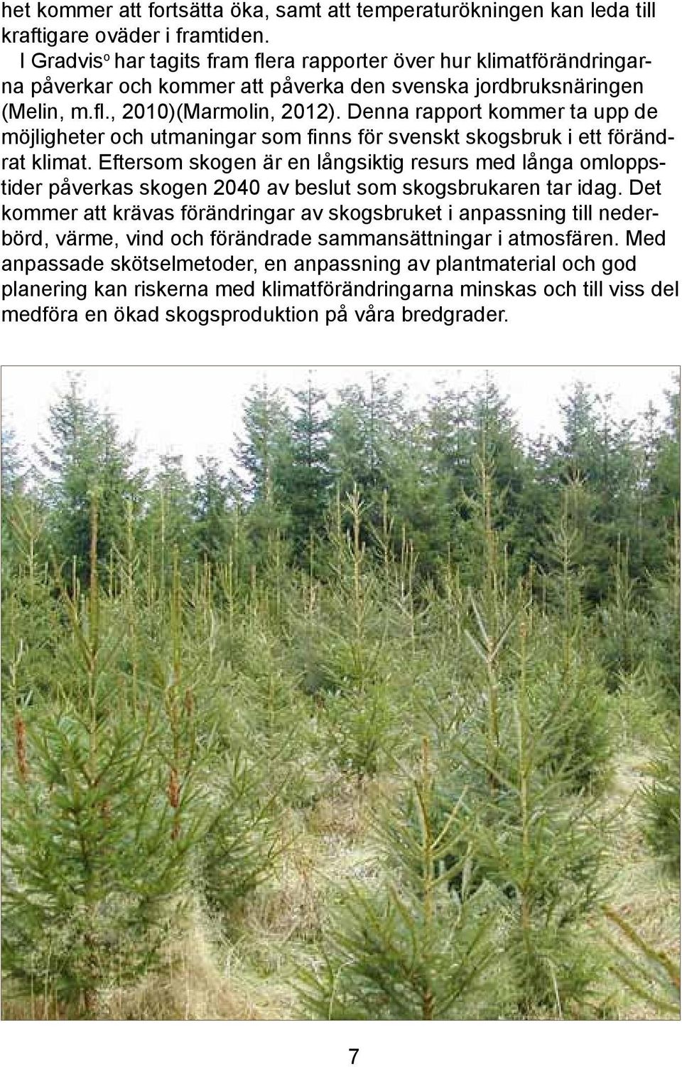 Denna rapport kommer ta upp de möjligheter och utmaningar som finns för svenskt skogsbruk i ett förändrat klimat.