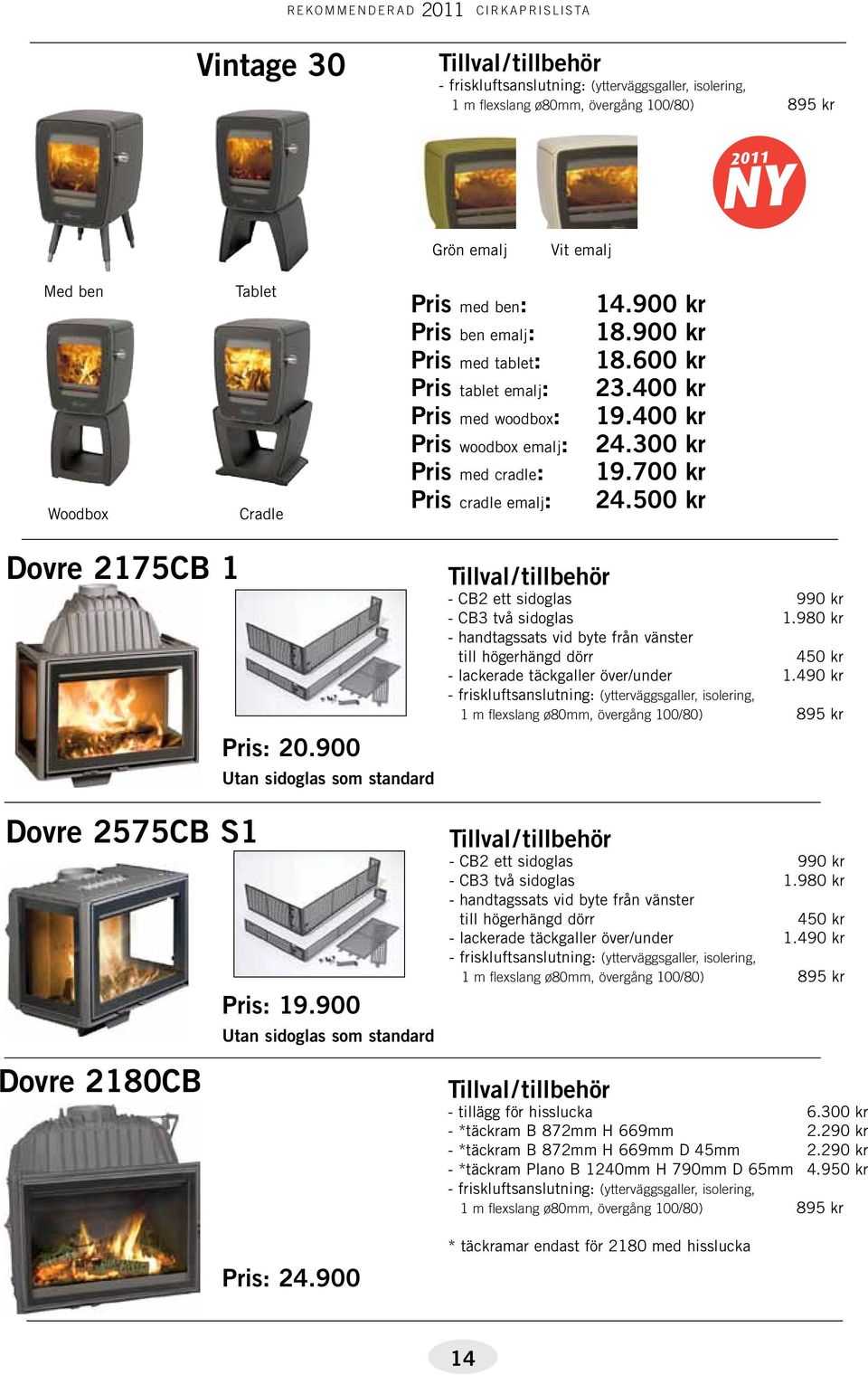 900 Utan sidoglas som standard Pris: 24.900 - CB2 ett sidoglas 990 kr - CB3 två sidoglas 1.980 kr - handtagssats vid byte från vänster till högerhängd dörr 450 kr - lackerade täckgaller över/under 1.