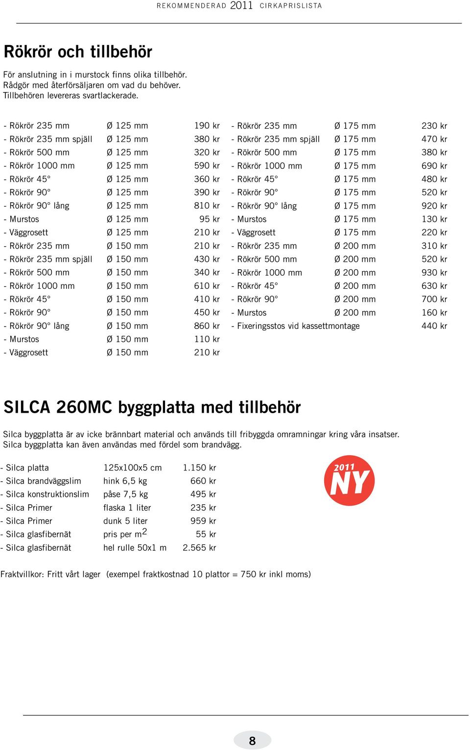 Rökrör 90 lång Ø 125 mm 810 kr - Murstos Ø 125 mm 95 kr - Väggrosett Ø 125 mm 210 kr - Rökrör 235 mm Ø 150 mm 210 kr - Rökrör 235 mm spjäll Ø 150 mm 430 kr - Rökrör 500 mm Ø 150 mm 340 kr - Rökrör