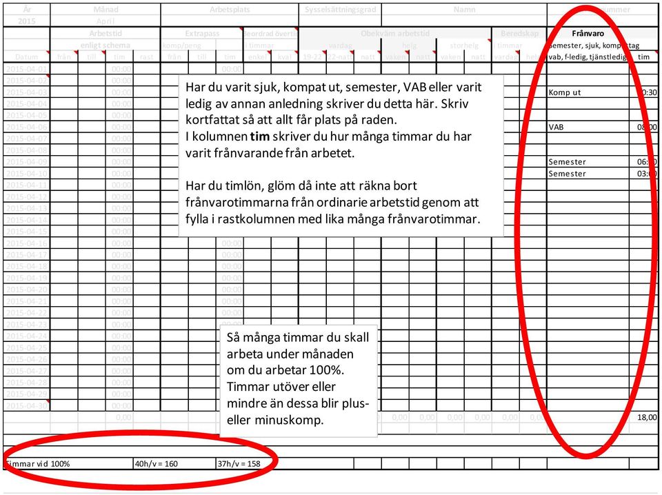 -04-09 Semester 06:30-04-10 Semester 03:00-04-11 Har du timlön, glöm då inte att räkna bort -04-12 frånvarotimmarna från ordinarie arbetstid genom att -04-13 -04-14 fylla i rastkolumnen med lika