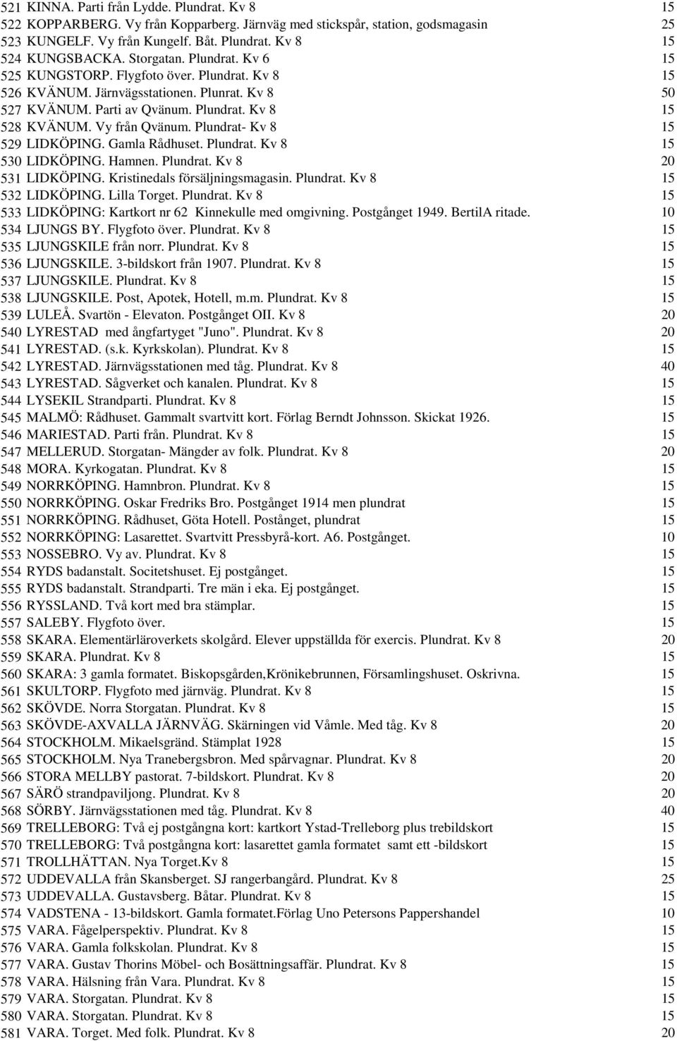 Plundrat- Kv 8 15 529 LIDKÖPING. Gamla Rådhuset. Plundrat. Kv 8 15 530 LIDKÖPING. Hamnen. Plundrat. Kv 8 20 531 LIDKÖPING. Kristinedals försäljningsmagasin. Plundrat. Kv 8 15 532 LIDKÖPING.