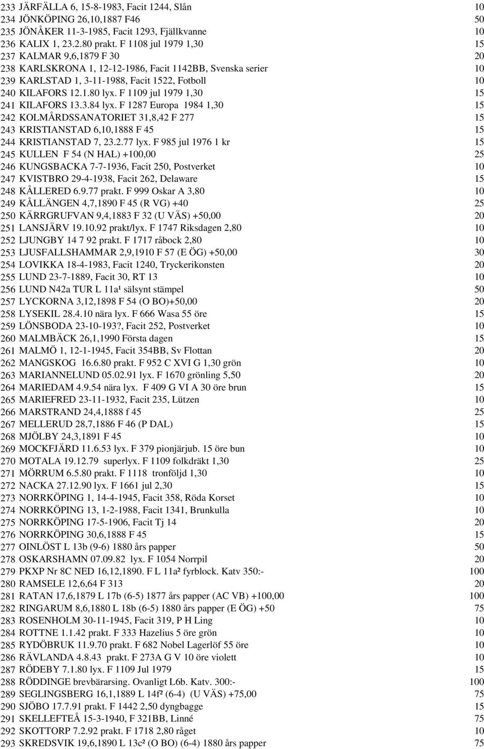 F 1109 jul 1979 1,30 15 241 KILAFORS 13.3.84 lyx. F 1287 Europa 1984 1,30 15 242 KOLMÅRDSSANATORIET 31,8,42 F 277 15 243 KRISTIANSTAD 6,10,1888 F 45 15 244 KRISTIANSTAD 7, 23.2.77 lyx.