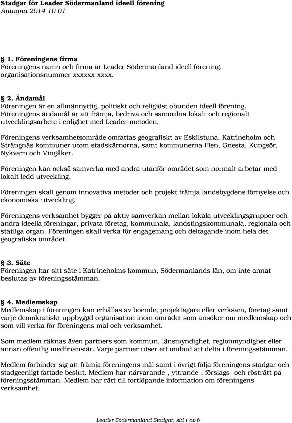 Föreningens verksamhetsområde omfattas geografiskt av Eskilstuna, Katrineholm och Strängnäs kommuner utom stadskärnorna, samt kommunerna Flen, Gnesta, Kungsör, Nykvarn och Vingåker.