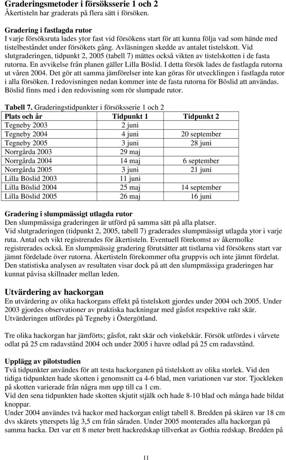 Avläsningen skedde av antalet tistelskott. Vid slutgraderingen, tidpunkt 2, 2005 (tabell 7) mättes också vikten av tistelskotten i de fasta rutorna. En avvikelse från planen gäller Lilla Böslid.