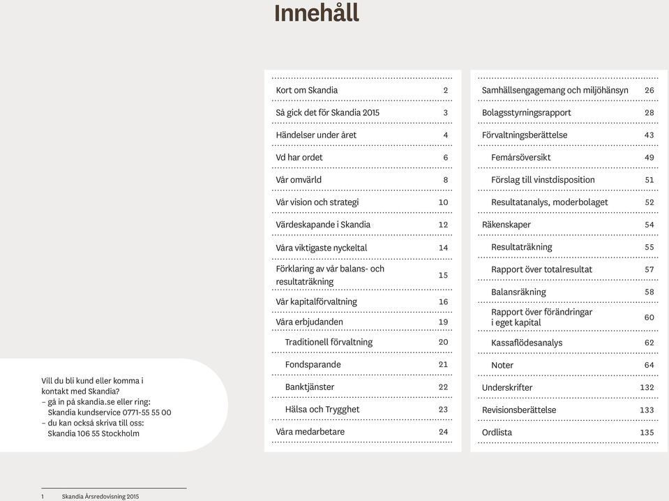 omvärld 8 Vår vision och strategi 10 Värdeskapande i Skandia 12 Våra viktigaste nyckeltal 14 Förklaring av vår balans- och resultaträkning 15 Vår kapitalförvaltning 16 Våra erbjudanden 19