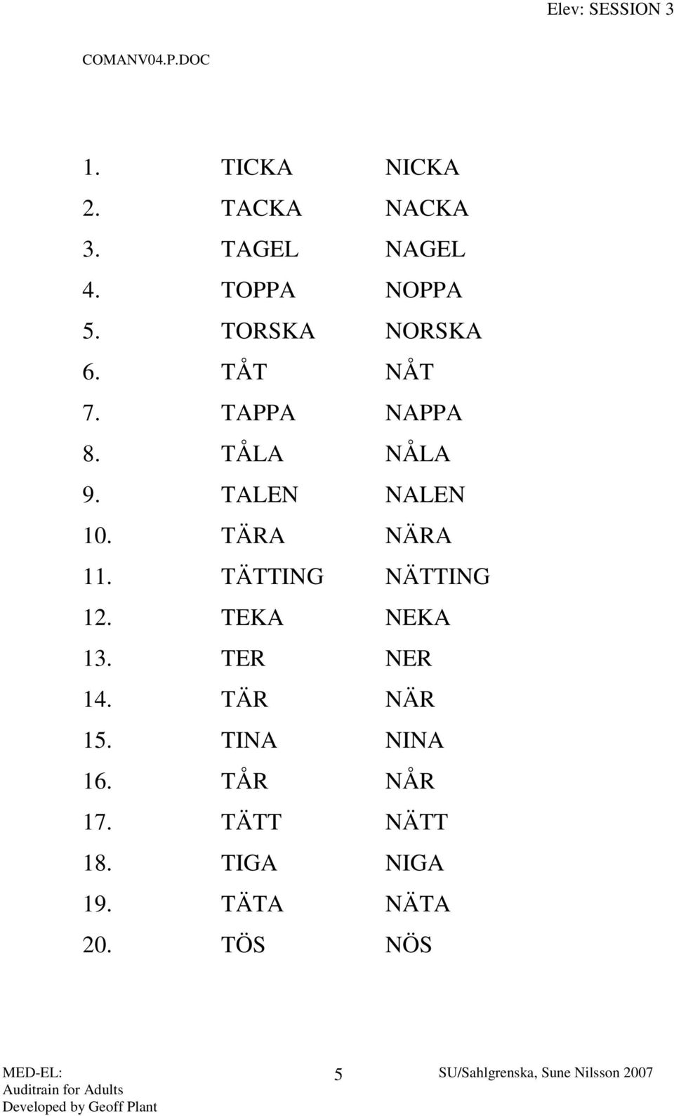 TALEN NALEN 10. TÄRA NÄRA 11. TÄTTING NÄTTING 12. TEKA NEKA 13. TER NER 14.