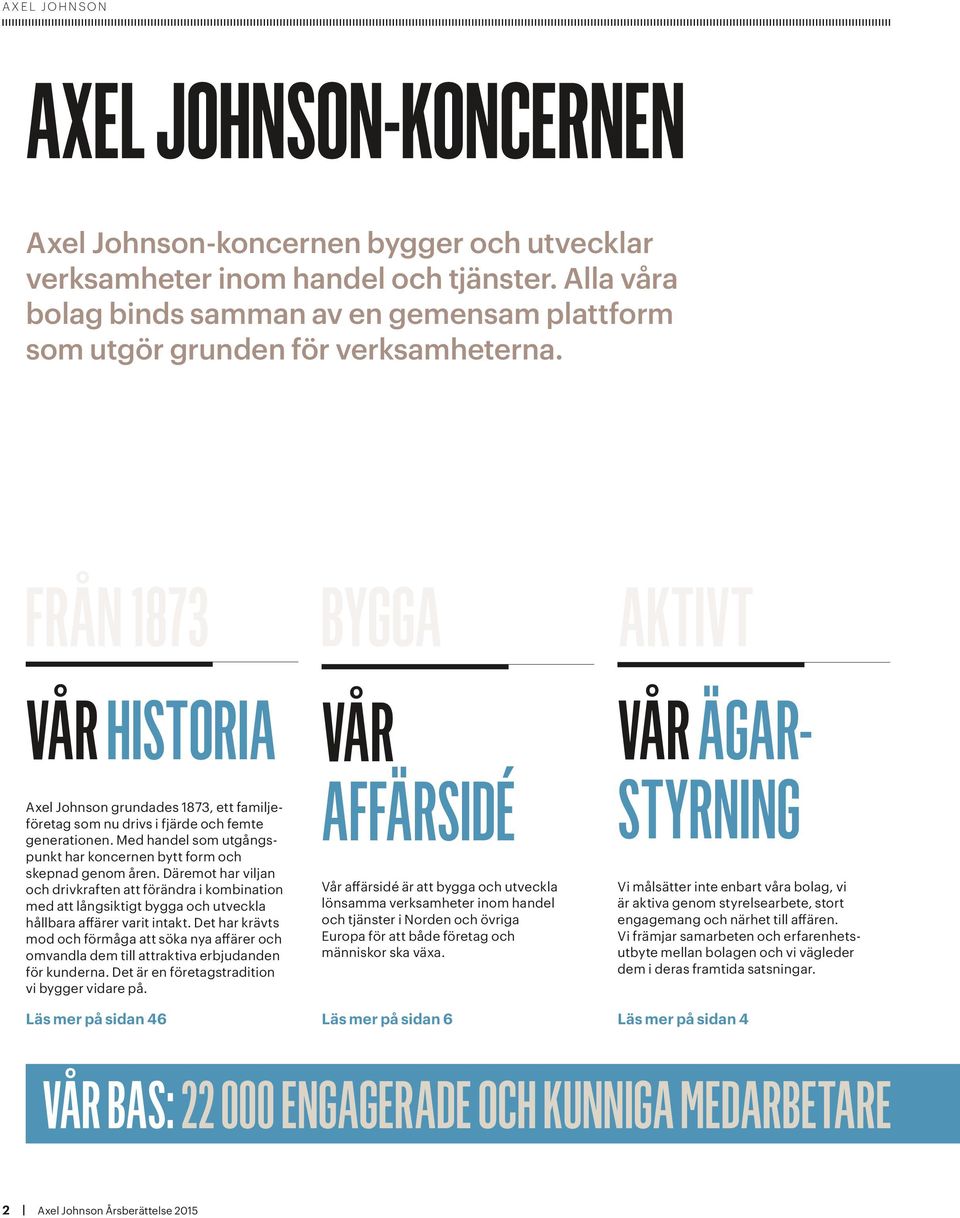 FRÅN 1873 BYGGA AKTIVT VÅR HISTORIA Axel Johnson grundades 1873, ett familjeföretag som nu drivs i fjärde och femte generationen.