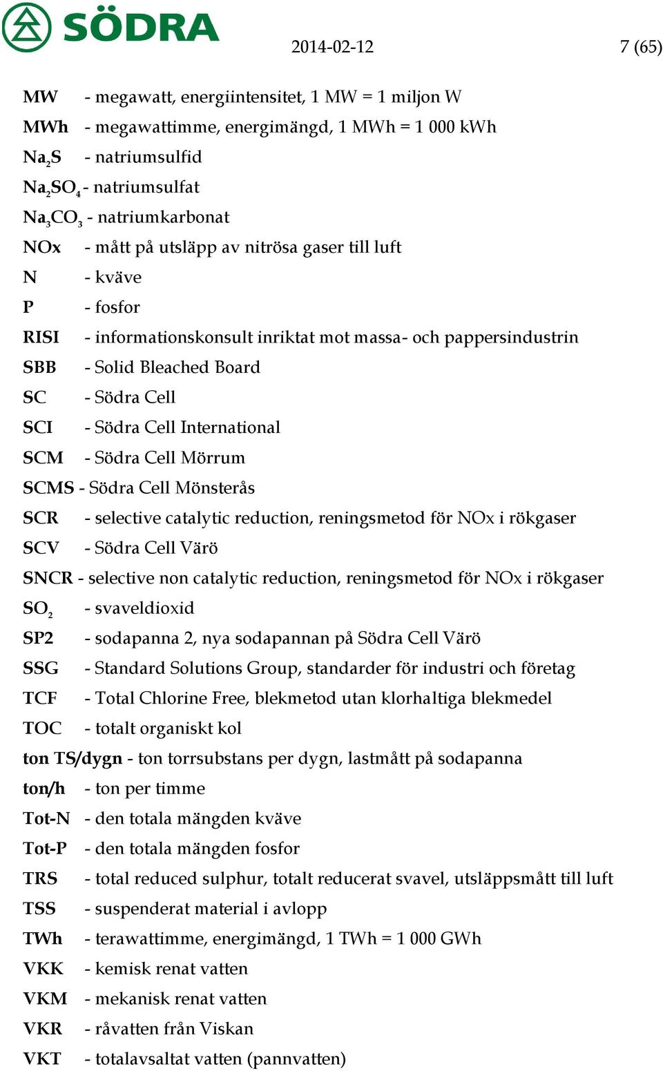 International SCM - Södra Cell Mörrum SCMS - Södra Cell Mönsterås SCR - selective catalytic reduction, reningsmetod för NOx i rökgaser SCV - Södra Cell Värö SNCR - selective non catalytic reduction,