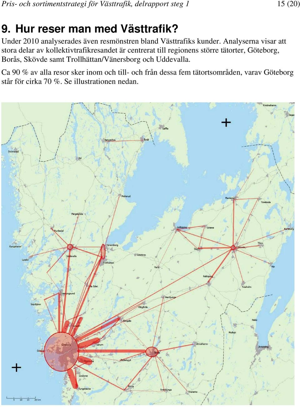 Analyserna visar att stora delar av kollektivtrafikresandet är centrerat till regionens större tätorter, Göteborg,