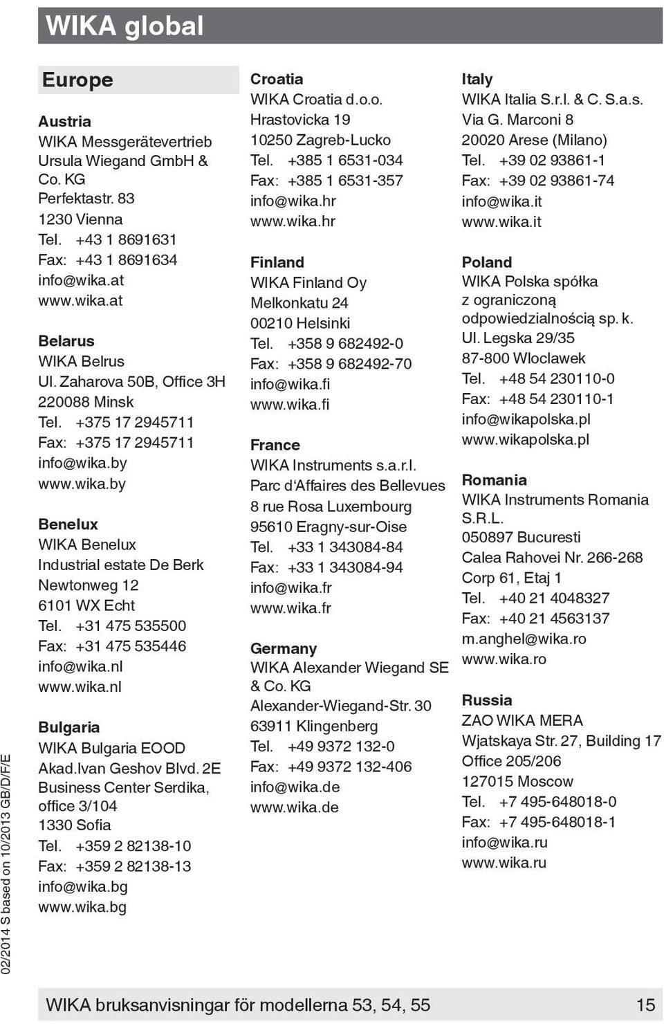 +31 475 535500 Fax: +31 475 535446 info@wika.nl www.wika.nl Bulgaria WIKA Bulgaria EOOD Akad.Ivan Geshov Blvd. 2E Business Center erdika, office 3/104 1330 ofia Tel.