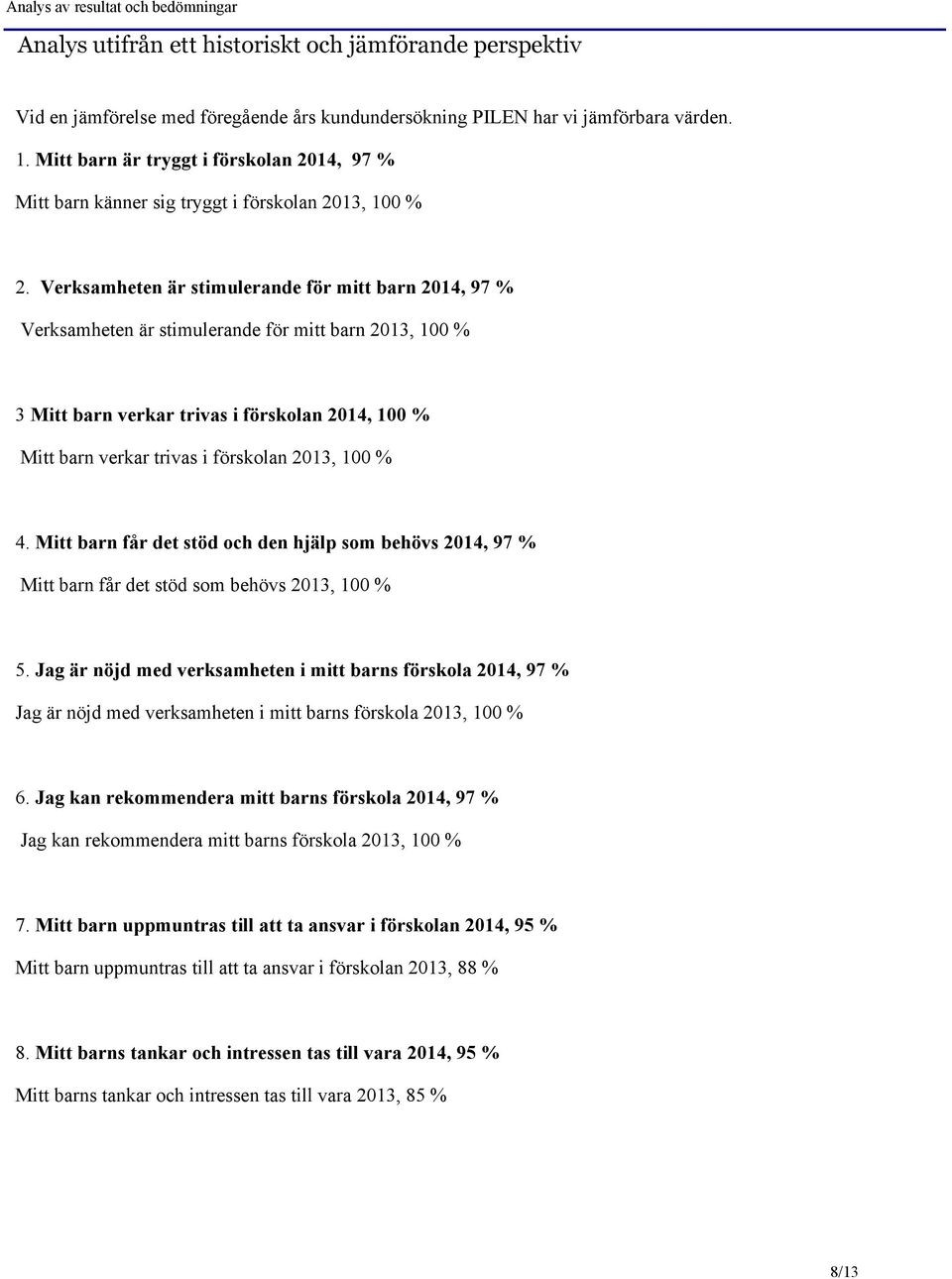 Verksamheten är stimulerande för mitt barn 2014, 97 % Verksamheten är stimulerande för mitt barn 2013, 100 % 3 Mitt barn verkar trivas i förskolan 2014, 100 % Mitt barn verkar trivas i förskolan