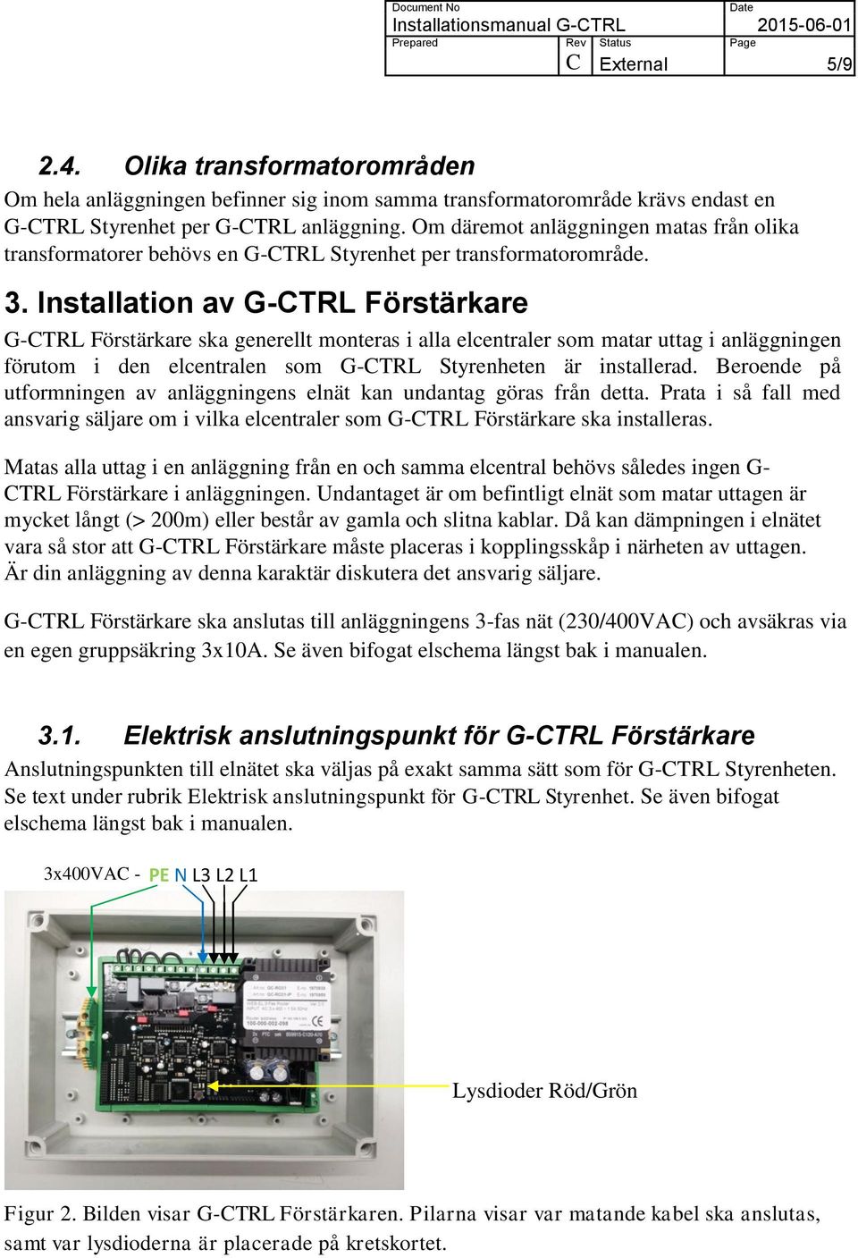 Installation av G-CTRL Förstärkare G-CTRL Förstärkare ska generellt monteras i alla elcentraler som matar uttag i anläggningen förutom i den elcentralen som G-CTRL Styrenheten är installerad.