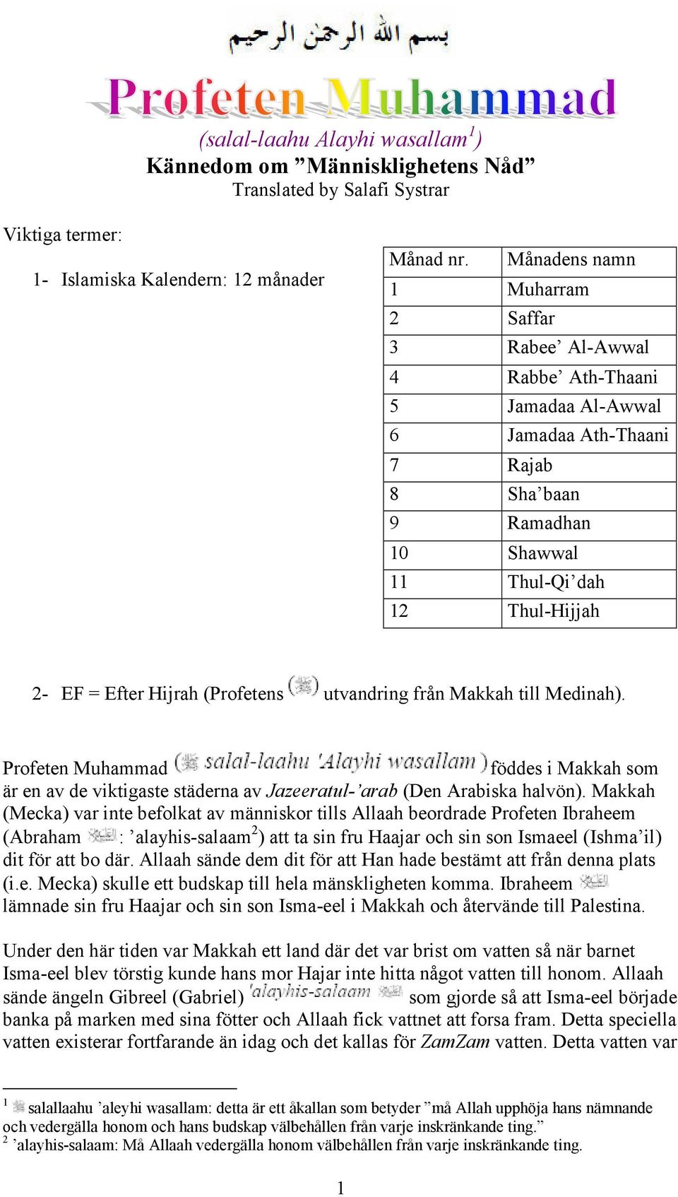 Hijrah (Profetens utvandring från Makkah till Medinah). Profeten Muhammad föddes i Makkah som är en av de viktigaste städerna av Jazeeratul- arab (Den Arabiska halvön).