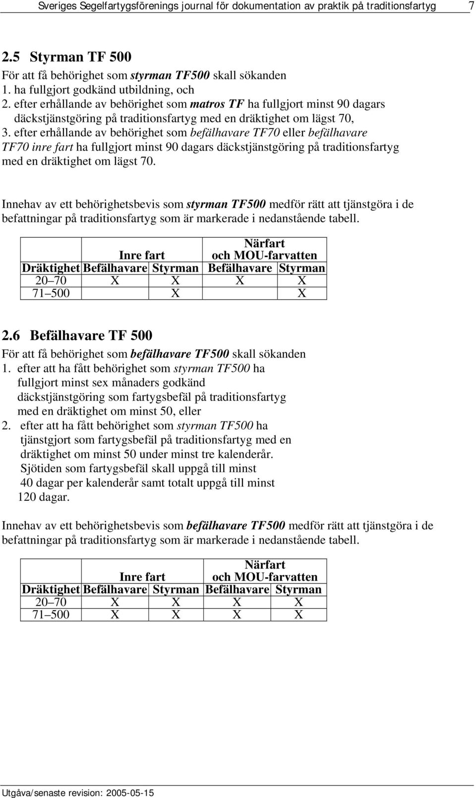 efter erhållande av behörighet som befälhavare F70 eller befälhavare F70 inre fart ha fullgjort minst 90 dagars däckstjänstgöring på traditionsfartyg med en dräktighet om lägst 70.