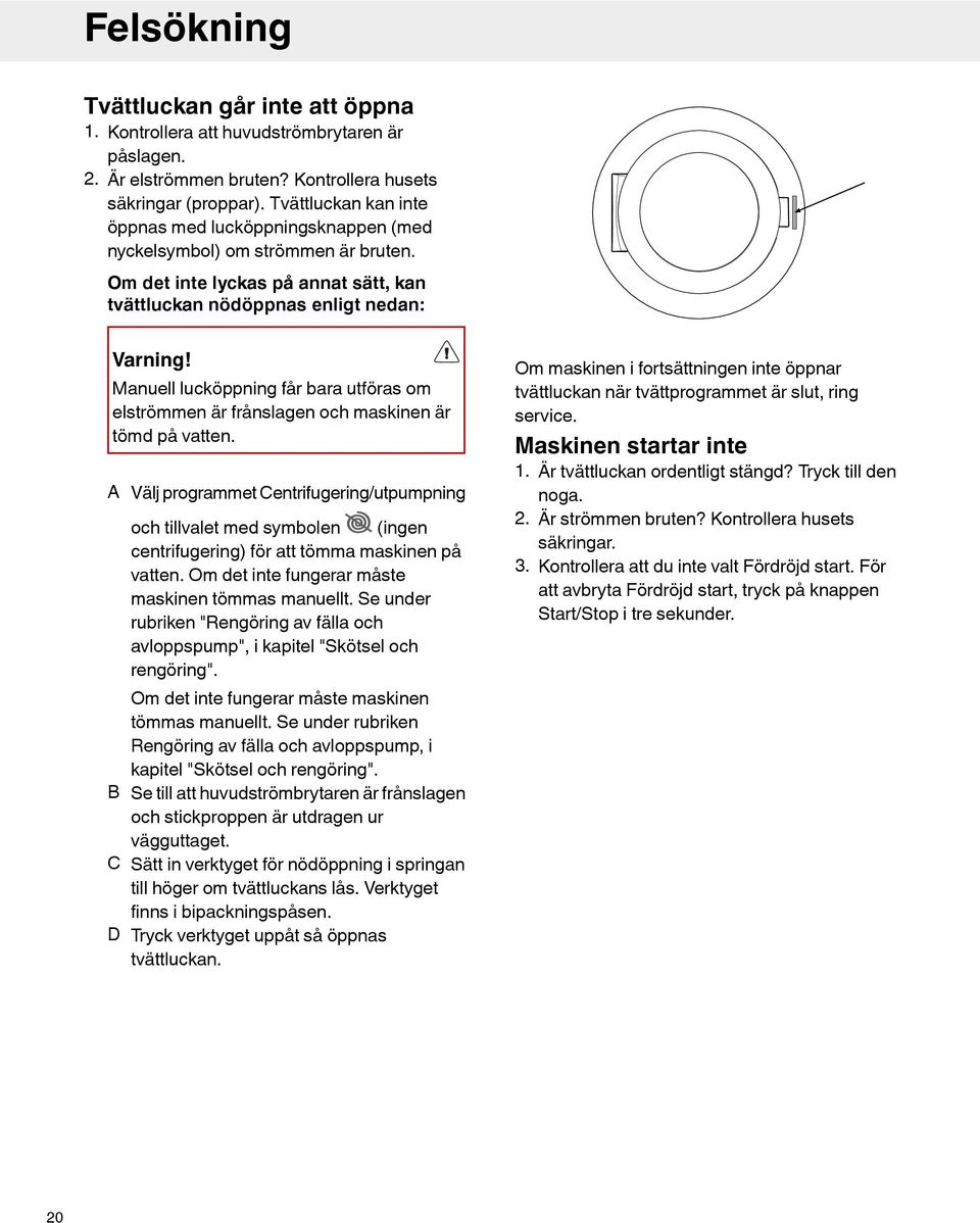 Manuell lucköppning får bara utföras om elströmmen är frånslagen och maskinen är tömd på vatten.