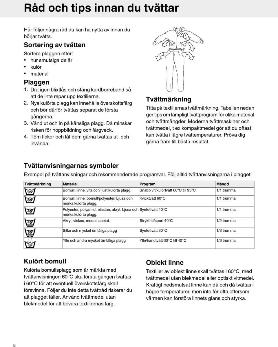 Vänd ut och in på känsliga plagg. Då minskar risken för noppbildning och färgveck. 4. Töm fickor och låt dem gärna tvättas ut- och invända. Tvättmärkning Titta på textiliernas tvättmärkning.