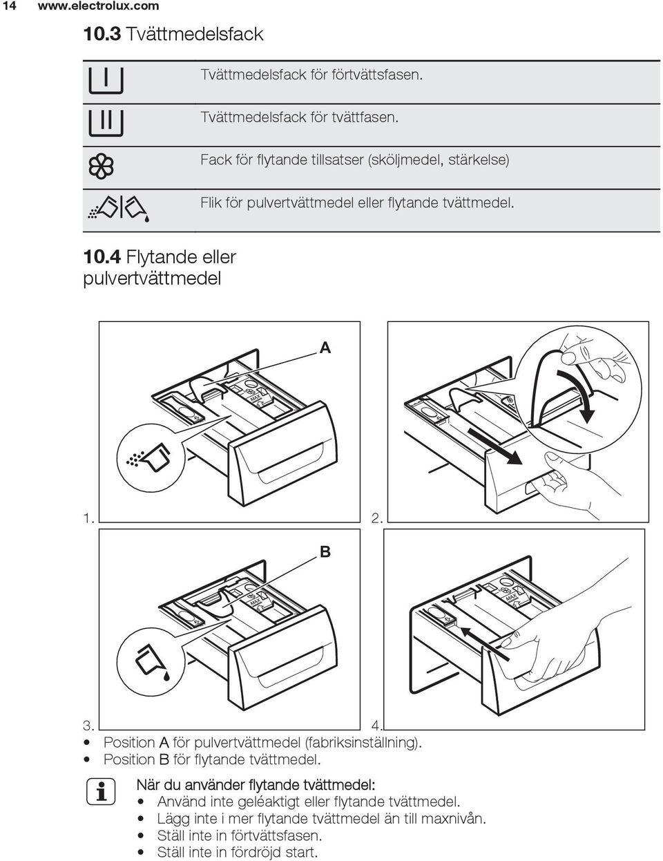 4 Flytande eller pulvertvättmedel A 1. 2. B 3. 4. Position A för pulvertvättmedel (fabriksinställning). Position B för flytande tvättmedel.