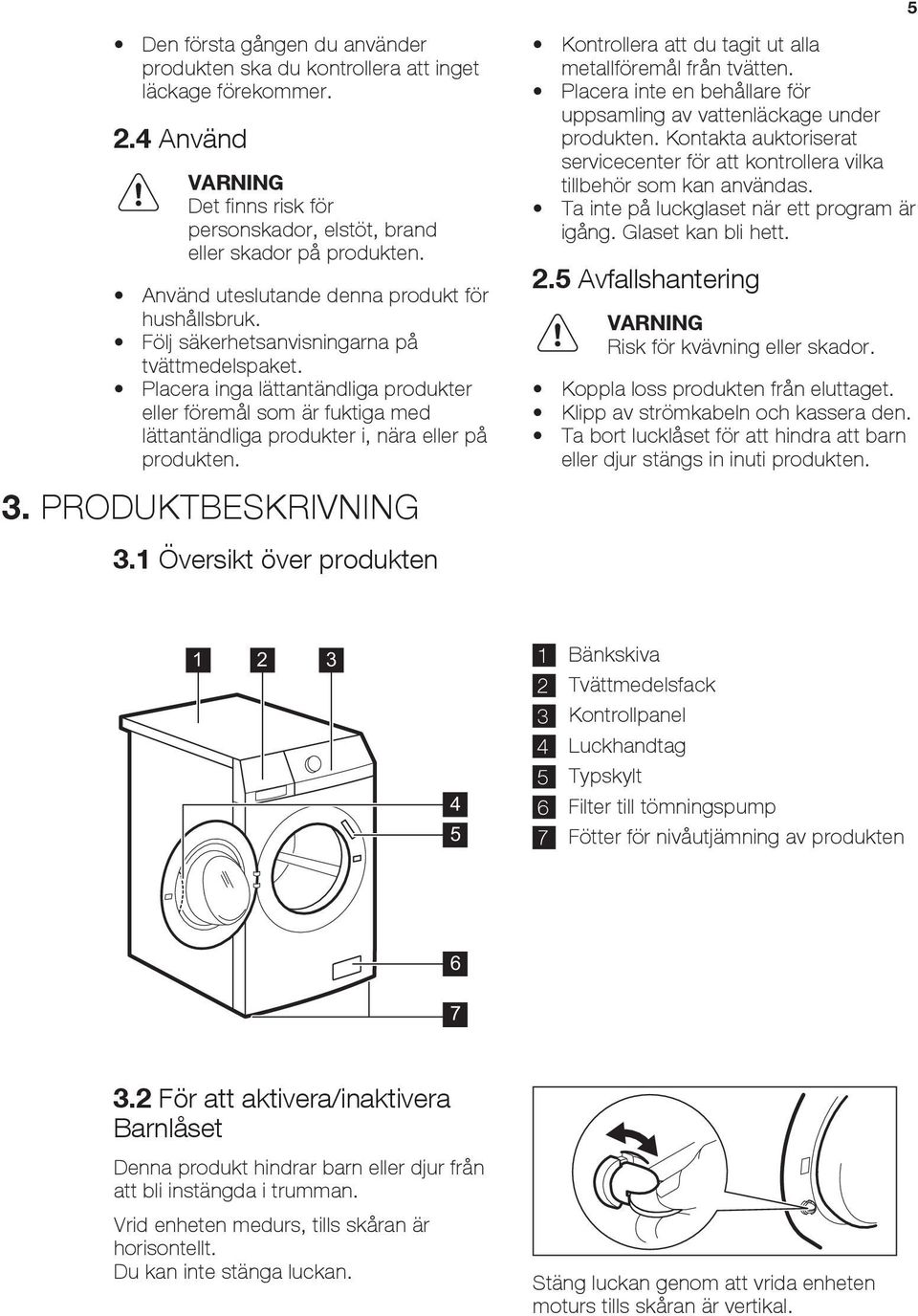 Placera inga lättantändliga produkter eller föremål som är fuktiga med lättantändliga produkter i, nära eller på produkten. 3. PRODUKTBESKRIVNING 3.