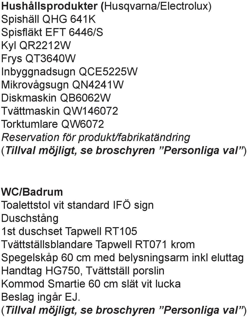 produkt/fabrikatändring WC/Badrum Toalettstol vit standard IFÖ sign Duschstång 1st duschset Tapwell RT105 Tvättställsblandare