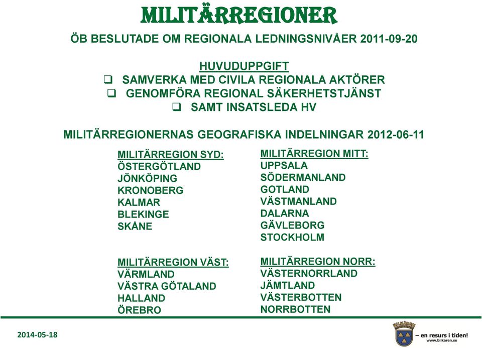 JÖNKÖPING KRONOBERG KALMAR BLEKINGE SKÅNE MILITÄRREGION MITT: UPPSALA SÖDERMANLAND GOTLAND VÄSTMANLAND DALARNA GÄVLEBORG