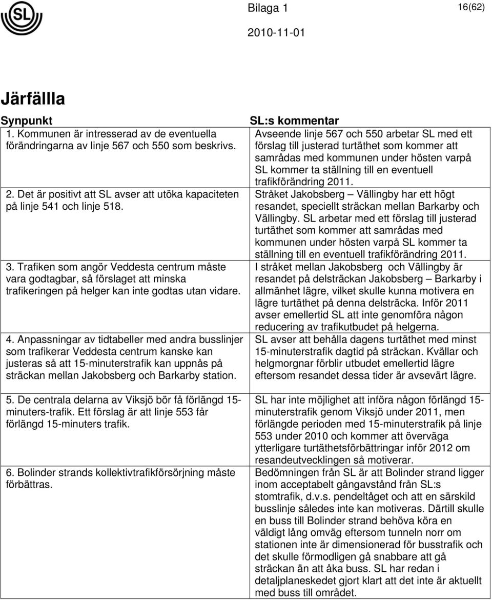 Trafiken som angör Veddesta centrum måste vara godtagbar, så förslaget att minska trafikeringen på helger kan inte godtas utan vidare. 4.