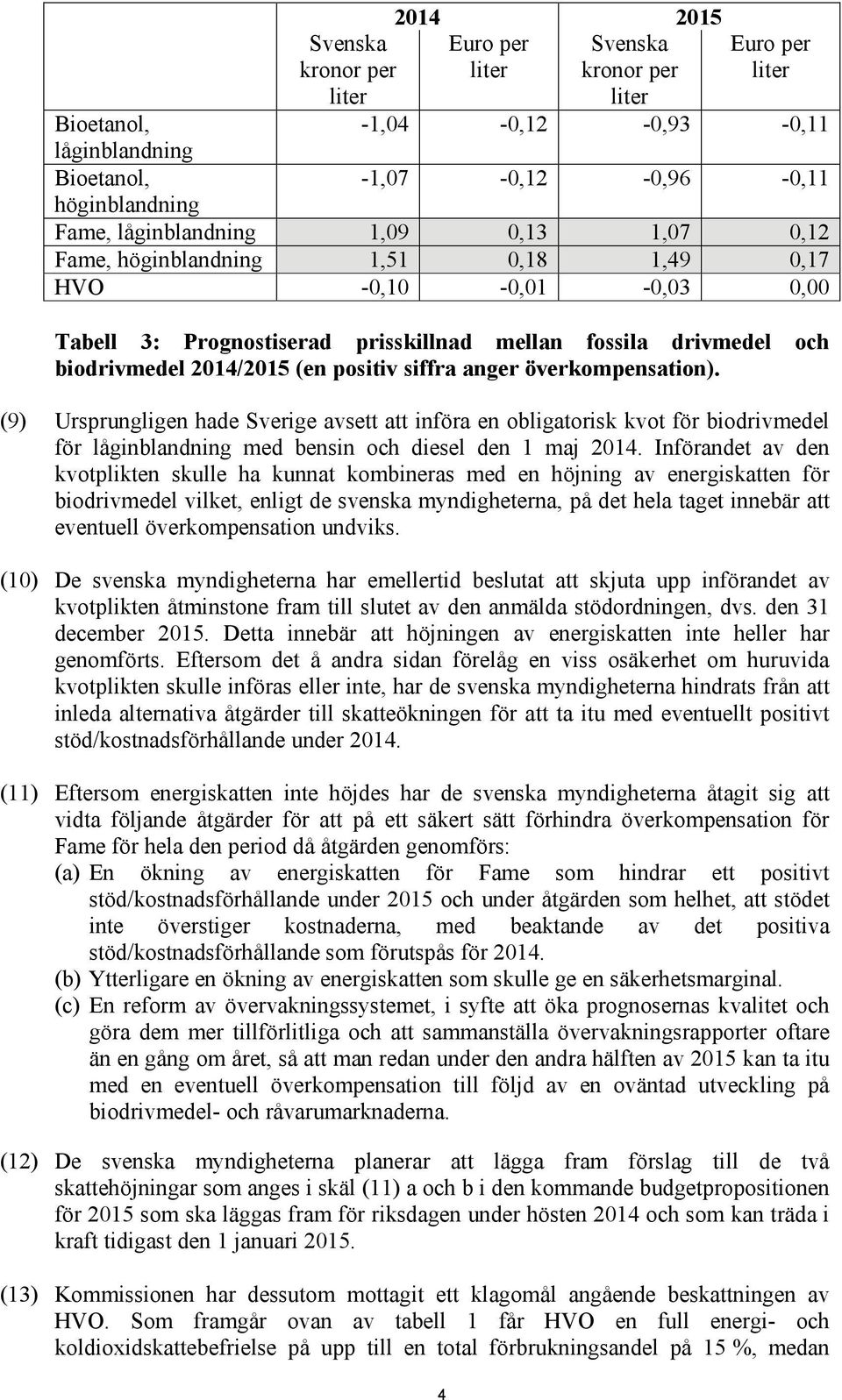 överkompensation). (9) Ursprungligen hade Sverige avsett att införa en obligatorisk kvot för biodrivmedel för låginblandning med bensin och diesel den 1 maj 2014.