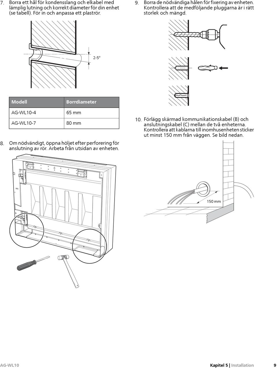 2-5 Modell Borrdiameter -4-7 65 mm 80 mm 8. Om nödvändigt, öppna höljet efter perforering för anslutning av rör. Arbeta från utsidan av enheten. 10.