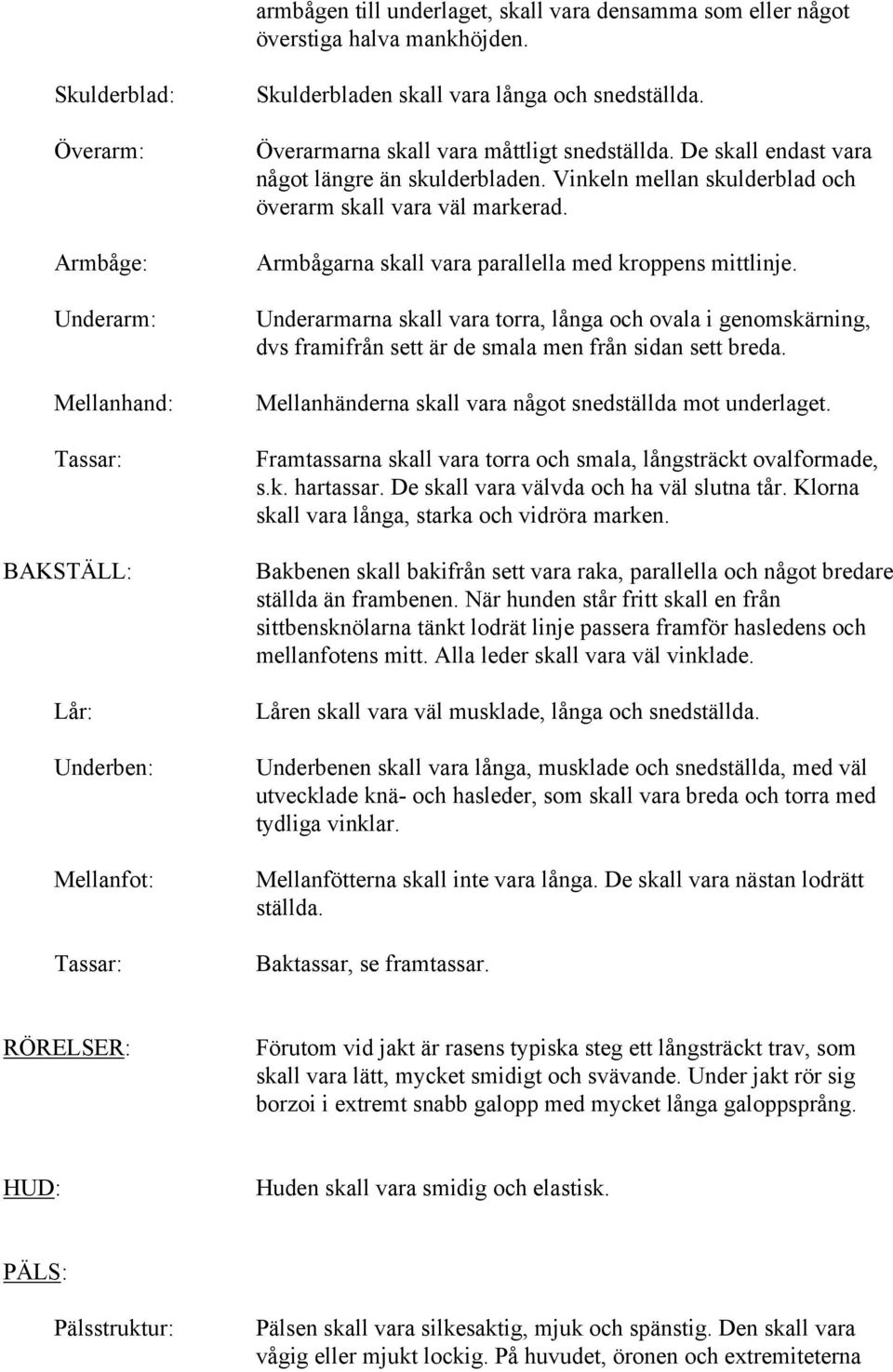 De skall endast vara något längre än skulderbladen. Vinkeln mellan skulderblad och överarm skall vara väl markerad. Armbågarna skall vara parallella med kroppens mittlinje.