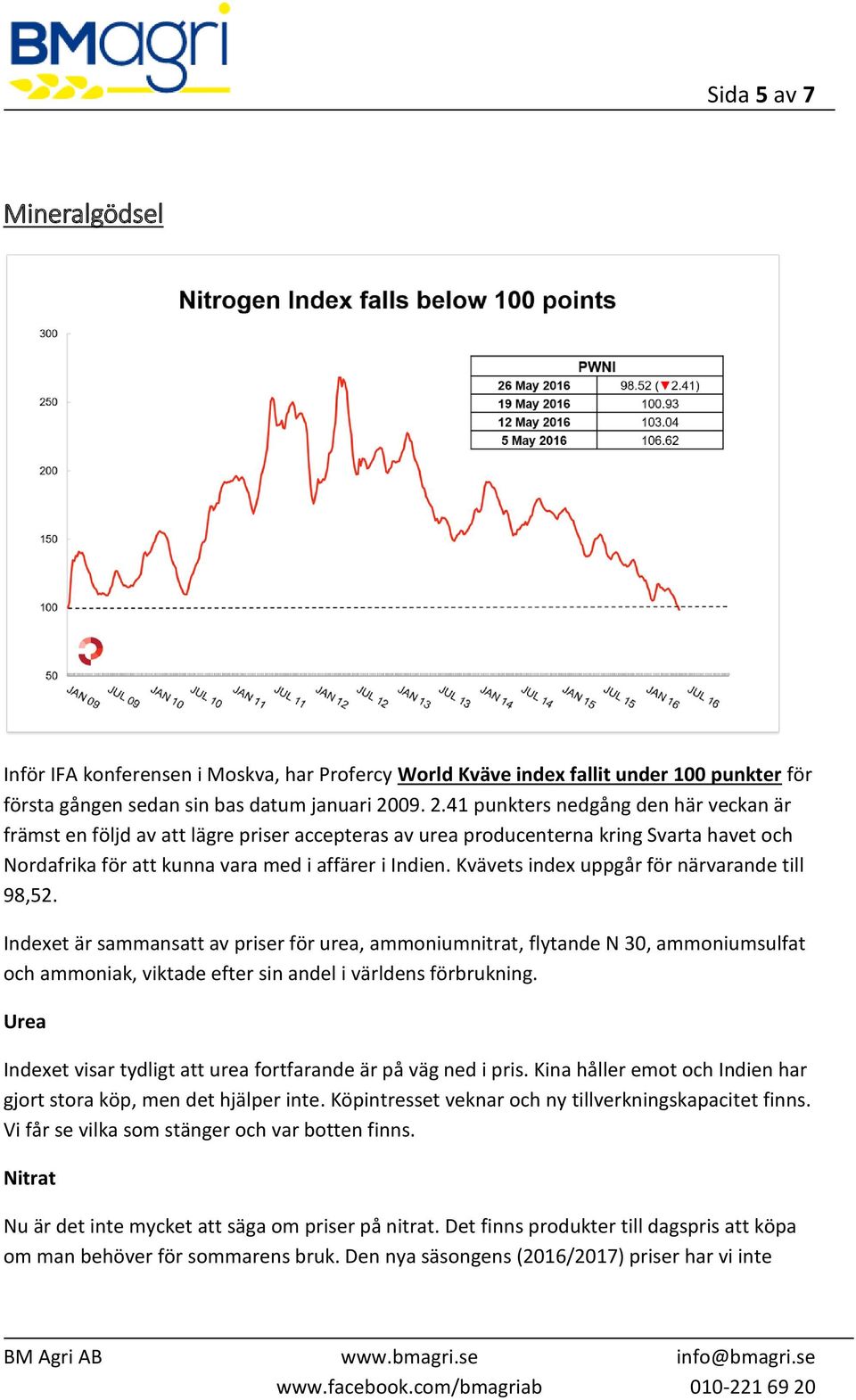 Kvävets index uppgår för närvarande till 98,52. Indexet är sammansatt av priser för urea, ammoniumnitrat, flytande N 30, ammoniumsulfat och ammoniak, viktade efter sin andel i världens förbrukning.