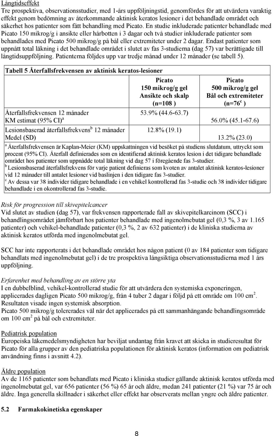 En studie inkluderade patienter behandlade med Picato 150 mikrog/g i ansikte eller hårbotten i 3 dagar och två studier inkluderade patienter som behandlades med Picato 500 mikrog/g på bål eller