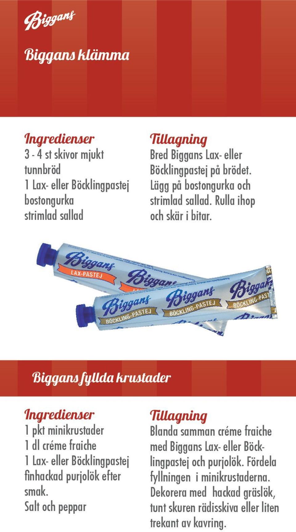 Biggans fyllda krustader 1 pkt minikrustader 1 dl créme fraiche 1 Lax- eller Böcklingpastej finhackad purjolök efter smak.