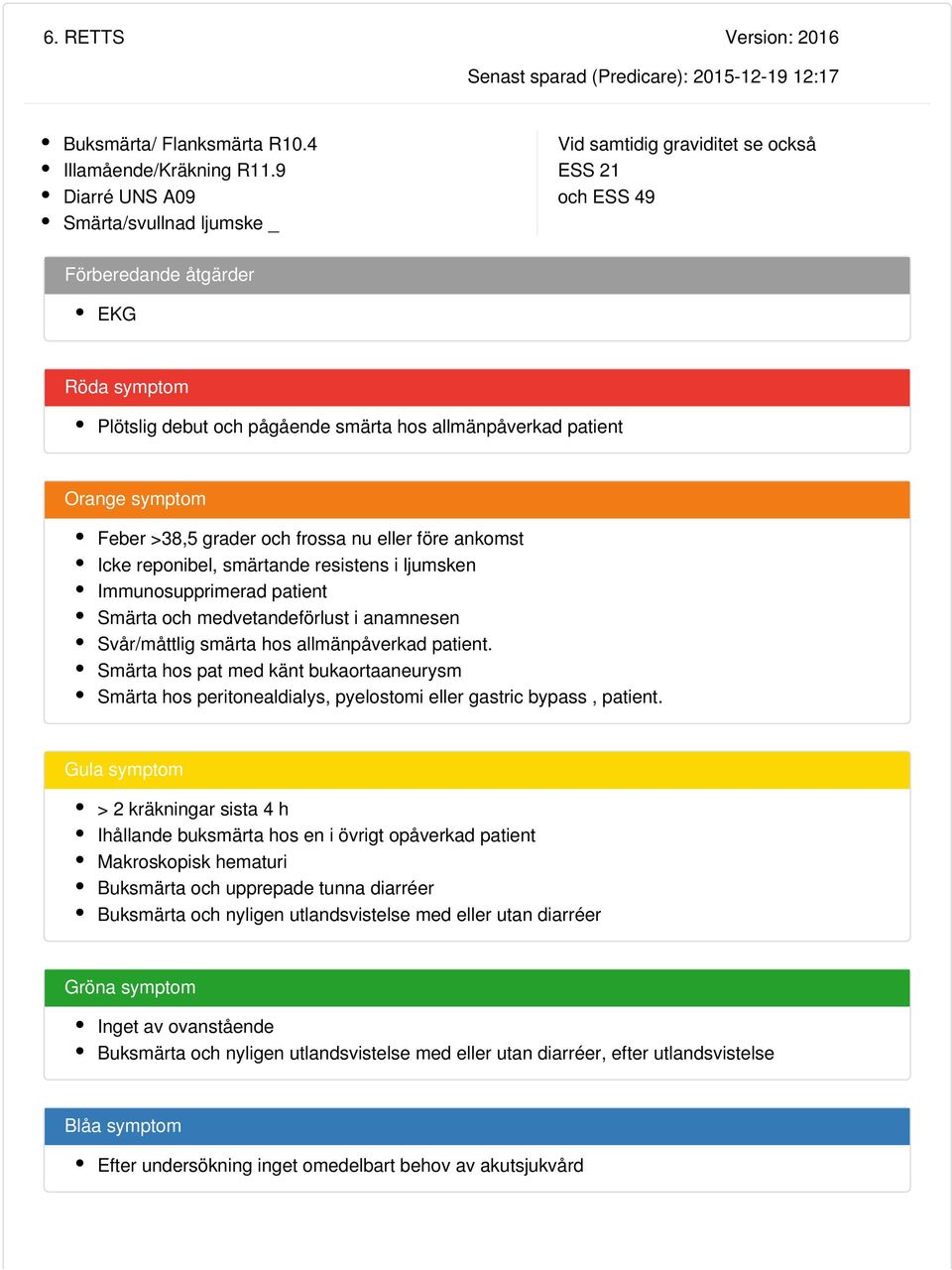 Orange symptom Feber >38,5 grader och frossa nu eller före ankomst Icke reponibel, smärtande resistens i ljumsken Immunosupprimerad patient Smärta och medvetandeförlust i anamnesen Svår/måttlig