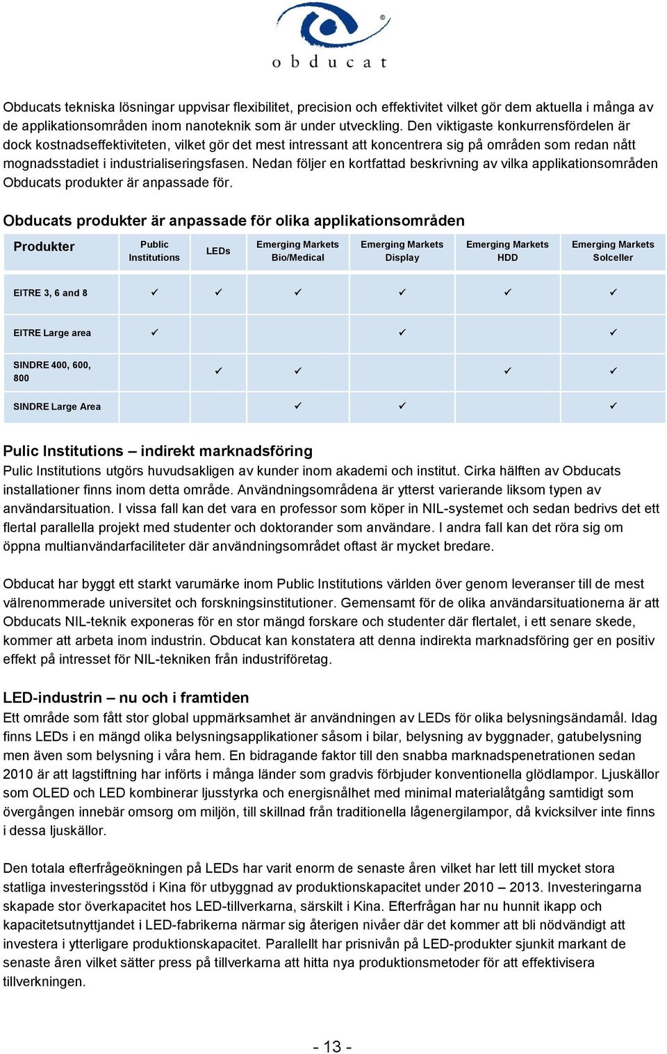 Nedan följer en kortfattad beskrivning av vilka applikationsområden Obducats produkter är anpassade för.