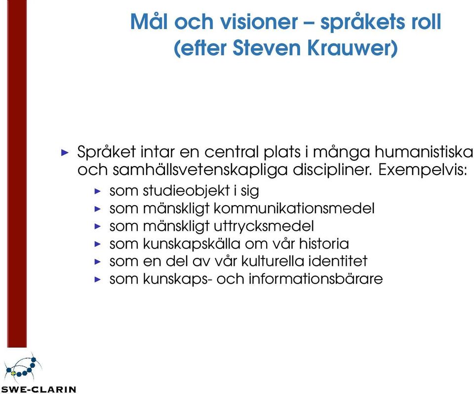 Exempelvis: som studieobjekt i sig som mänskligt kommunikationsmedel som mänskligt