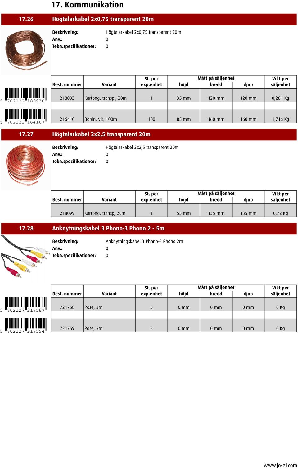 27 Högtalarkabel 2x2,5 transparent 20m Högtalarkabel 2x2,5 transparent 20m 218099 Kartong, transp, 20m 1 55 mm 135 mm 135 mm 0,72 Kg 17.