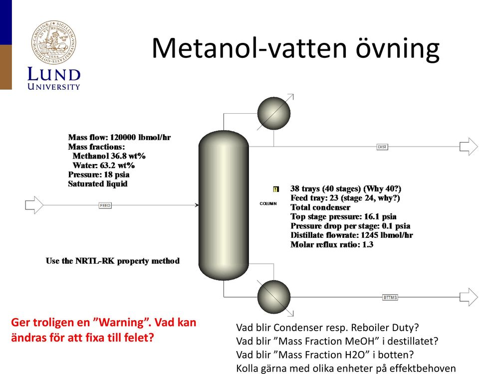 Reboiler Duty? Vad blir Mass Fraction MeOH i destillatet?